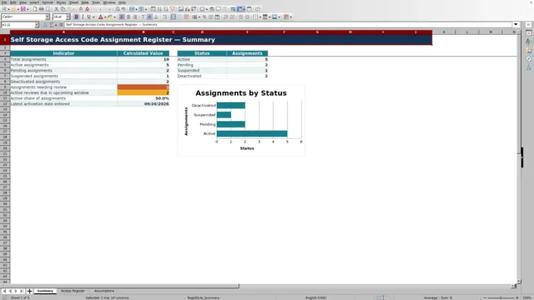 Preview of Self Storage Access Code Assignment Register Excel Template