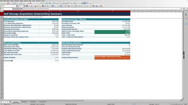 Preview of Self Storage Acquisition Underwriting Excel Spreadsheet