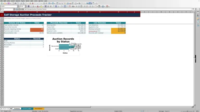 Preview of Self Storage Auction Proceeds Tracker Excel Workbook
