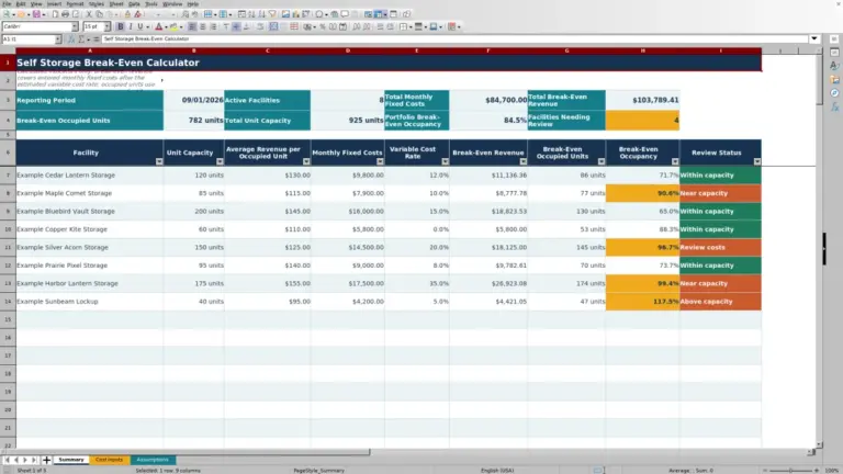 Preview of Self Storage Break-Even Calculator Excel Workbook
