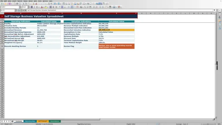Preview of Self Storage Business Valuation Spreadsheet for Excel
