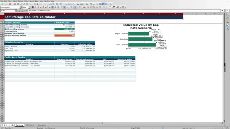 Preview of Self Storage Cap Rate Calculator Excel Workbook
