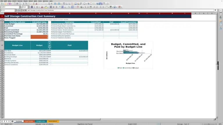 Preview of Self Storage Construction Cost Tracker Excel Template