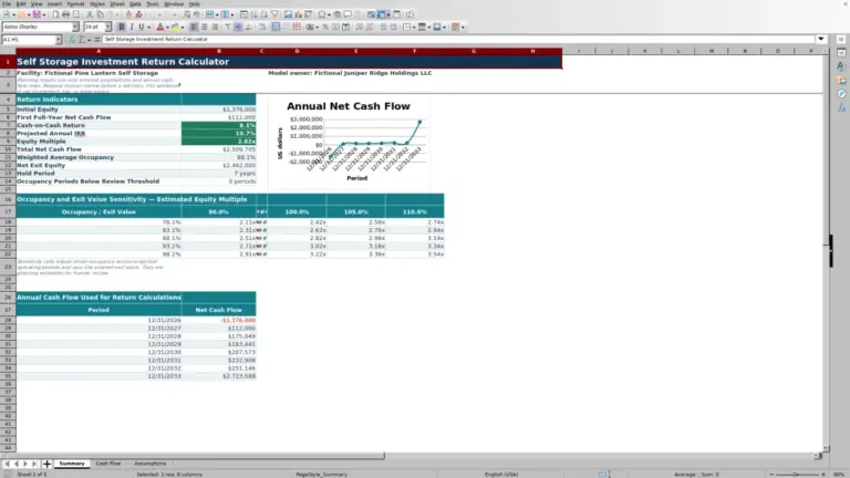 Preview of Self Storage Investment Return Calculator Excel Workbook