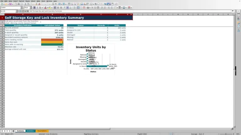 Preview of Self Storage Key and Lock Inventory Excel Workbook