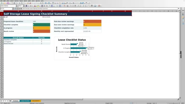 Preview of Self Storage Lease Signing Checklist Excel Workbook