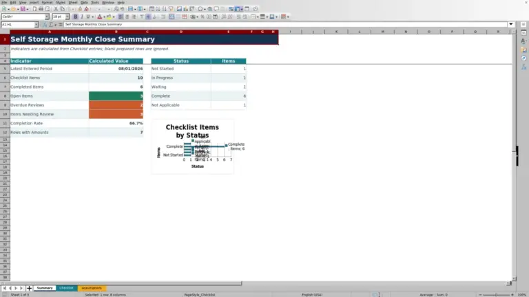 Preview of Self Storage Monthly Close Checklist Excel Workbook