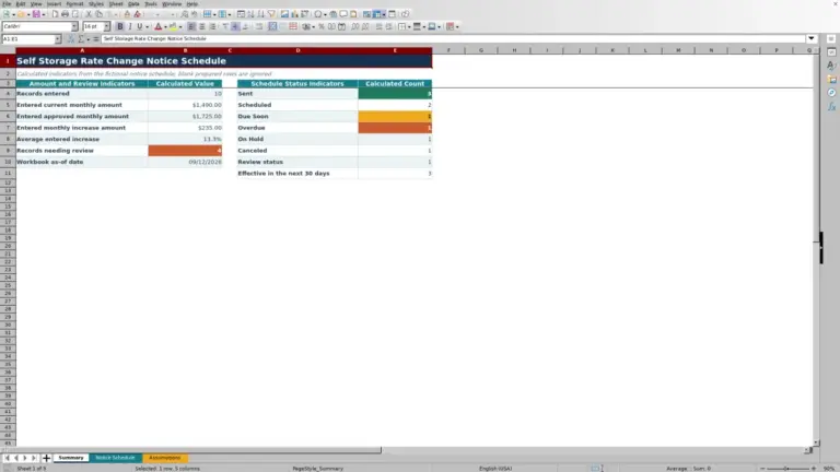 Preview of Self Storage Rate Change Notice Schedule Excel Template