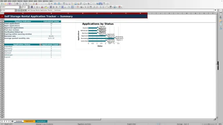 Preview of Self Storage Rental Application Tracker Excel Template