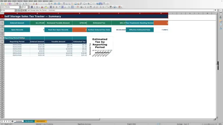 Preview of Self Storage Sales Tax Tracker Excel Template