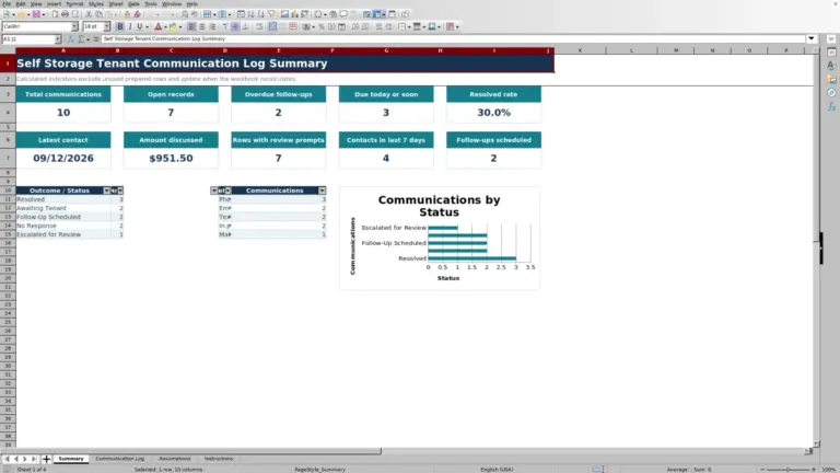 Preview of Self Storage Tenant Communication Log Excel Template