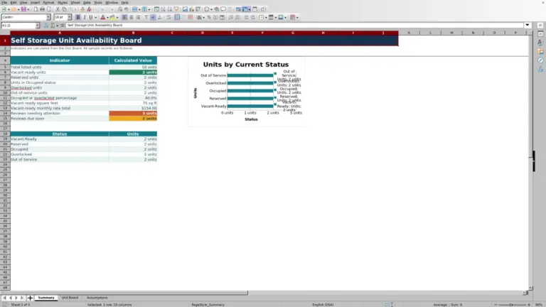 Preview of Self Storage Unit Availability Board Excel Workbook