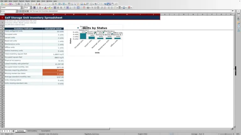 Preview of Self Storage Unit Inventory Spreadsheet for Excel