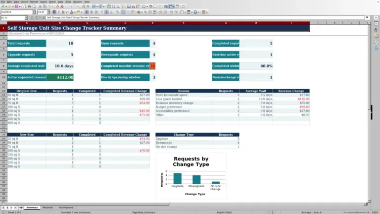Preview of Self Storage Unit Size Change Tracker Excel Workbook